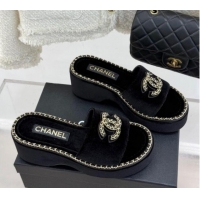 Best Grade Chanel Velvet Wedge Slides Sandal with Chain CC Black 2025 CH030403