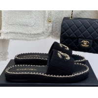 Stylish Chanel Knit Flat Slides Sandal with Chain CC Black 2025 CH030403