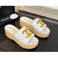 Grade Quality Chanel Shiny Calfskin Wedge Slides Sandal with Metal-Tone CC White 2025 CH030409