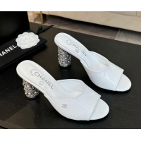 Good Quality Chanel Embossed Leather Heel Sandals 8.5cm with Strass and Pearls White 2025 CH030410