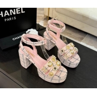 Good Quality Chanel Tweed & Charm Platform Sandals 9cm G46423 Light Pink
