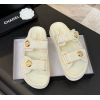 Pretty Style Chanel Tweed Strap Flat Slides Sandal with Round Buckle White/Multi 2025 CH030416