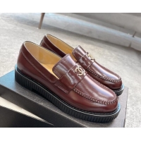 Popular Style Chanel Shiny Crumpled Calfskin Loafers with Metal-Tone CC G46112 Dark Burgundy