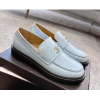 Classic Hot Chanel Patent Calfskin Loafers with Metal-Tone CC G46112 Light Blue