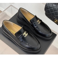 Charming Chanel Shiny Calfskin Leather Loafers with Metal-Tone CC G46112 Black