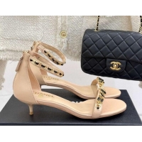 Good Quality Chanel Calfskin Heel Sandals 3.5cm with Logo Charm Beige 2025 CH030502