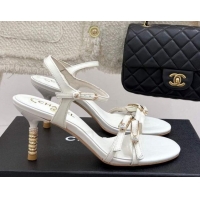 Best Grade Chanel Calfskin Heel Slides Sandal 7.5cm with Pin Buckle White 2025 CH030504