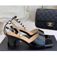 Grade Quality Chanel Patent Calfskin Heel Sandals with Pearls Ankle Strap Black 2025 CH030506