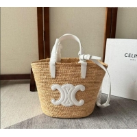 Trendy Design Celine Teen Supple Classic Panier Tote bag in Raffia Straw and Calfskin 115802 White 2024