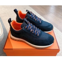 Stylish Hermes Jimmy Sneakers in Leather and Mesh Dark Blue 0226008