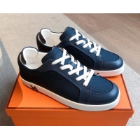 Grade Quality Hermes Kid Sneakers in Canvas and Calfskin Leather Dark Blue 0226019