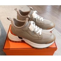 Top Grade Hermes Men's Just Sneakers in Leather and Fabric Beige Grey 0226055