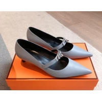 Sophisticated Hermes Kiara Mary Janes Pumps 4cm in Calfskin with Kelly buckle Grey 0226063
