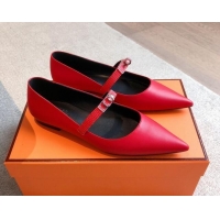 Good Quality Hermes Kelly Mary Janes Ballet Flats in Calfskin with Kelly buckle Red 0226069
