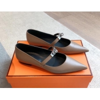 Sumptuous Hermes Kelly Mary Janes Ballet Flats in Calfskin with Kelly buckle Elephant Grey 0226071