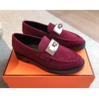 Pretty Style Hermes Hot Loafers in Suede with Oversized Kelly Buckle Burgundy 0226079