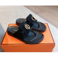 Good Product Hermes Glenan Buckle Thong Slide Sandals in Suede Black 0226093