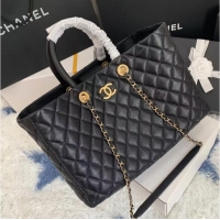 Famous Brand Chanel Original Large Shopping Bag Grained Calfskin A93525 Black