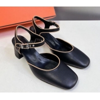 Top Grade Hermes Kamilla Open Back Pumps 6cm in Calfskin Black 0226107