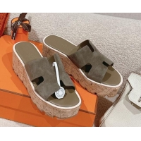 Sumptuous Hermes Eze 30 Platform Slides Sandal 6.5cm in Suede Dark Grey 0226118