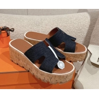 Luxurious Hermes Eze 30 Platform Slides Sandal 6.5cm in Denim Dark Blue 0226133