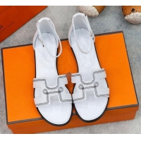 Charming Hermes Santorini Flat Sandals in Calfskin with Stitches White 2025 H090901