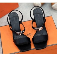 Buy Discount Hermes Glamour Satin Heel Sandals 7.5cm with Rose Gold Kelly Buckle Black 2025 H02273