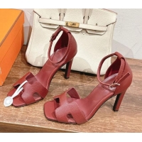 Buy Discount Hermes Joy Heel Sandals 10.5cm in Epsom Leather Dark Burgundy 2025 H02274