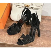 Hot Style Hermes Joy Heel Sandals 10.5cm in Suede and Strass Black 2025 H02274