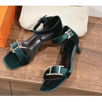 Classic Hermes Judy Heel Sandals 4.5cm in Velvet with Strass Hapi Buckle Green 2025 H02276