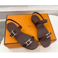Low Cost Hermes Satin Judy Flat Sandals Brown 5030705