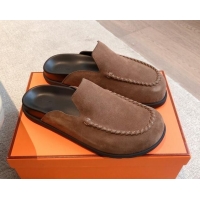 Buy Luxury Hermes Johan Flat Mules in Suede Brown 0418116
